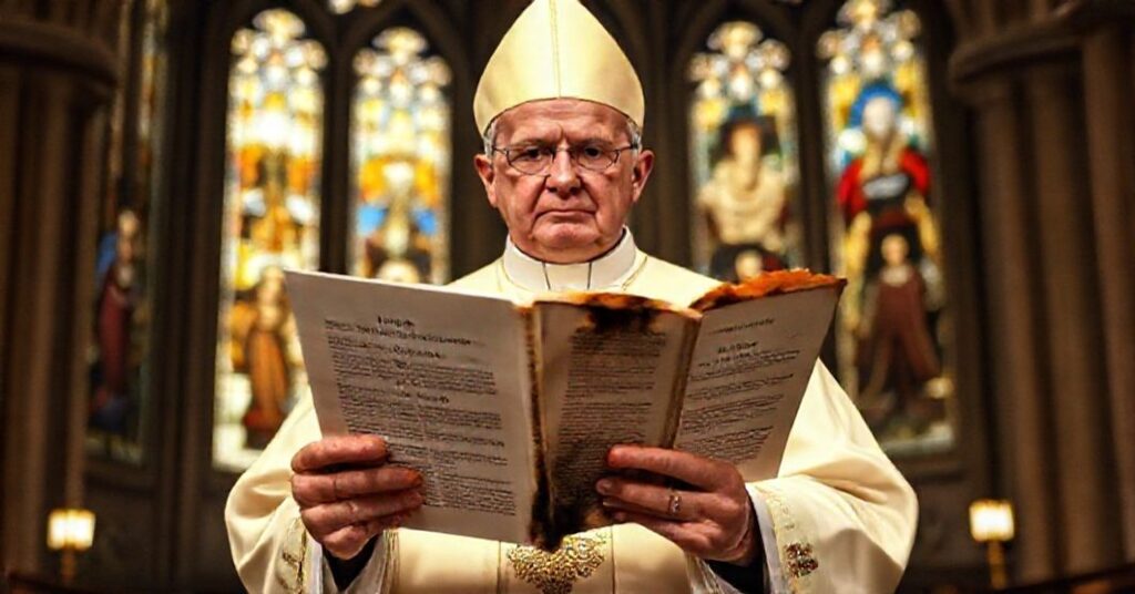 Biskup w tradycyjnych szatach liturgicznych trzyma kopię Kodeksu Prawa Kanonicznego z 1917 roku w katedrze z witrażami przedstawiającymi katolicką doktrynę.