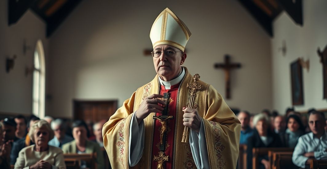 Ksiądz w ornacie w kościele, przemawiający do zgromadzenia, z krzyżem w ręku, podkreślając potrzebę podporządkowania społeczeństwa Chrystusowi Królowi.