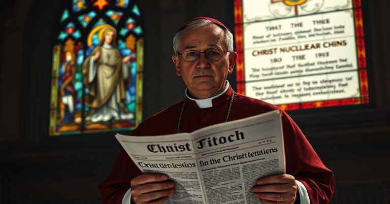 Katolicki biskup w kaplicy z gazetą o zagrożeniu jądrowym między USA a Chinami w ołtarzu z obrazem Chrystusa Króla.