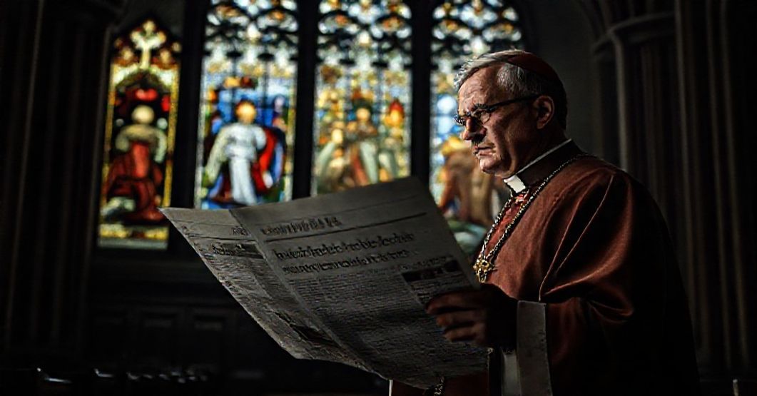 Katedra z biskupem w stroju liturgicznym czytającym wiadomości o polityce Unii Europejskiej w kontekście rosyjskiej agresji. Scena ochrzczona światłem przez witraże przedstawiające sprawiedliwość i opiekę Bożą.