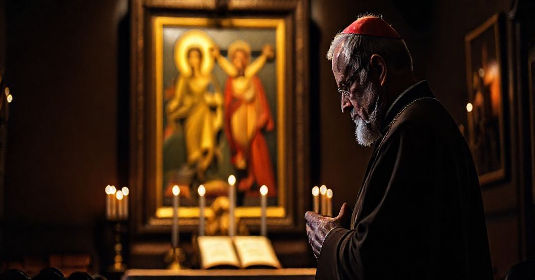 Tradycyjny biskup w modlitwie przed ikoną Chrystusa Króla w ciemnym kaplicy. Scena symbolizuje duchową pustkę współczesnego duchowieństwa.