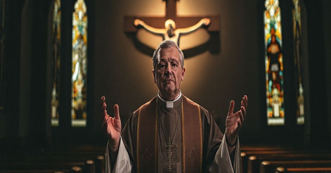 Tradycyjny katolicki biskup w tradycyjnych szatach liturgicznych stoi w ciemnym kościele, jego twarz oświetlona łagodnym światłem. Za nim duży krzyż dominuje scenę, rzucając długie cienie. Jego mina jest poważna podczas wypowiadania kazania, ręce uniesione w gestie głębokiego zaniepokojenia. ławki są puste, podkreślając powagę chwili. Witraże przedstawiają tradycyjną katolicką ikonografię, subtelnie nawiązującą do Męki Chrystusa.