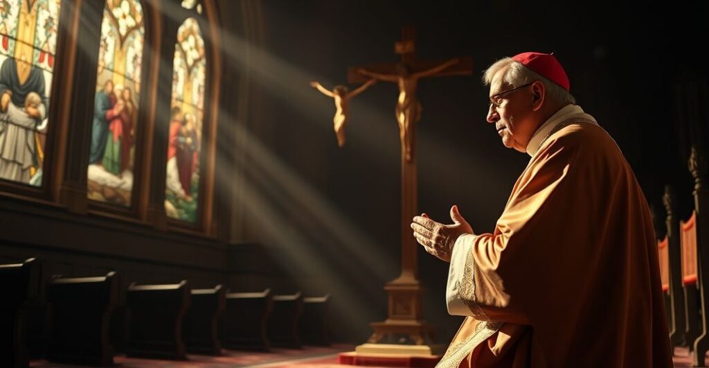 Klasyczny katolicki biskup w pełnym stroju liturgicznym, modlący się przed krzyżem w ciemnym kościele z promieniami światła słonecznego prześwietlającymi witraże. Wyrażenie twarzy biskupa jest poważne i pełne troski duchowej, kontrastujące z ciemnym tłem, na którym widnieją cienie cierpiących rodzin. Krzyż jest centralnym elementem, podkreślającym nadprzyrodzoną naturę miłosierdzia.