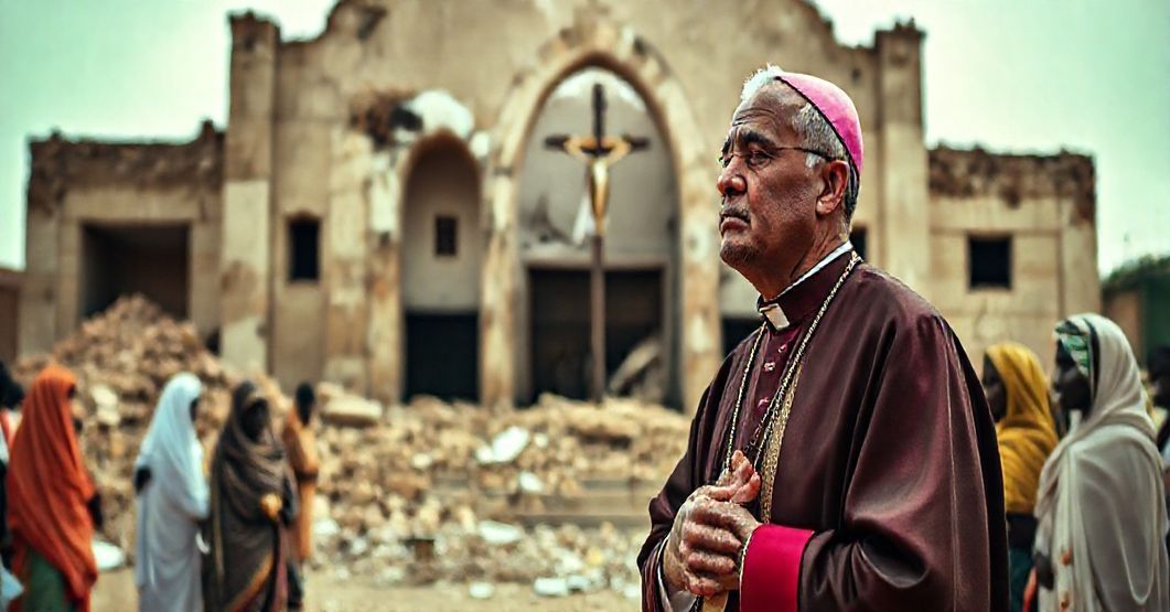 Tradycyjny katolicki biskup w stroju liturgicznym modląc się przed zniszczonym kościołem w Sudanie, otoczony uchodźcami. Twarz biskupa wyraża głęboki smutek i determinację, symbolizując tragiczne zapomniane konflikty w Sudanie.