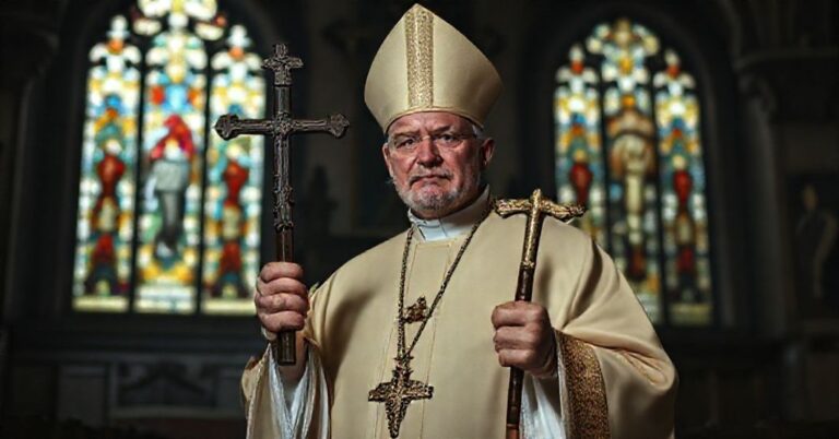 Tradycyjny katolicki biskup w pełnej liturgicznej szacie podczas modlitwy w kościele z witrażami