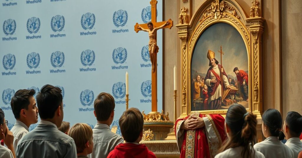 Tradycyjny biskup w pełnym stroju liturgicznym przed ołtarzem z krzyżem, otoczony młodzieżą w potrzebie, symbolizując zaniedbanie duchowe współczesnego Kościoła