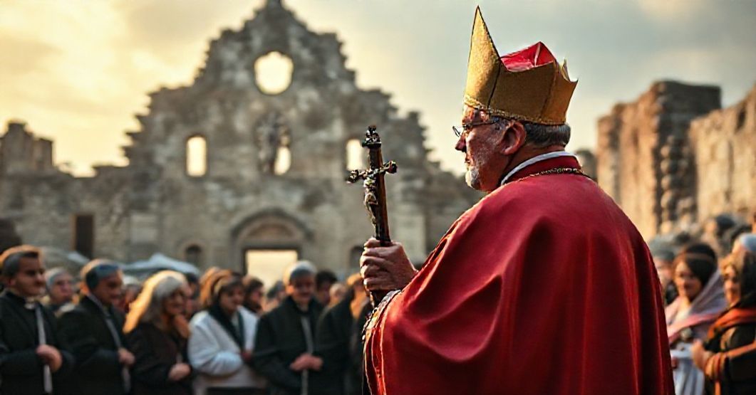 Biskup w tradycyjnych szatach kościelnych przed zniszczonym kościołem, trzymający krzyż, symbolizujący zniszczenie Kościoła przez modernizm posoborowy.