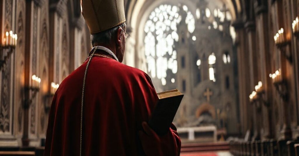 Tradycyjny biskup katolicki w pełnym stroju liturgicznym stojący przed ozdobnym ołtarzem, na tle rozwalającego się kościoła modernistycznego w światle kojącym