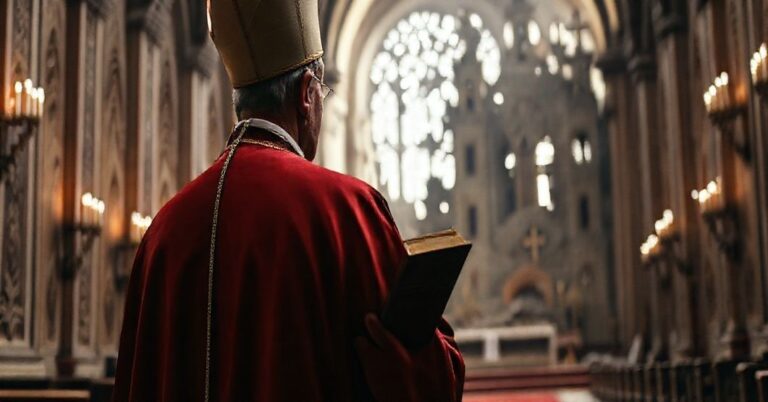 Tradycyjny biskup katolicki w pełnym stroju liturgicznym stojący przed ozdobnym ołtarzem, na tle rozwalającego się kościoła modernistycznego w światle kojącym