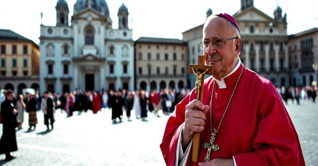 Tradycyjny biskup w szacie liturgicznej stojący na rynku włoskim z krzyżem w ręku, na tle zabytkowych kościołów i grupy obywateli. Scena odzwierciedla walkę przeciw eutanazji i krytykę nowoordynaryjnej hierarchii kościelnej.