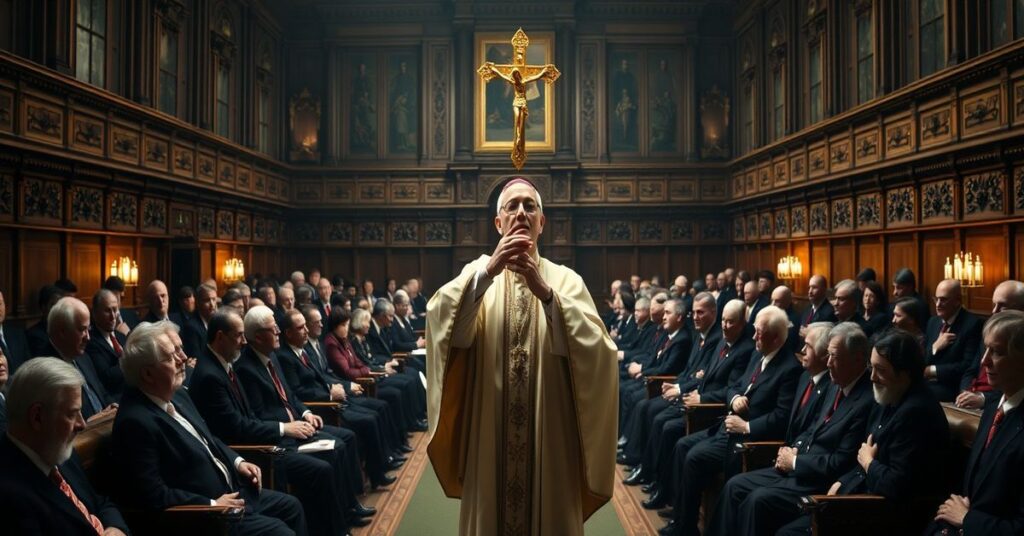 Wnęka parlamentu w Londynie z biskupem katolickim modlącym się za ratunek dusz przed ustawą o eutanazji.