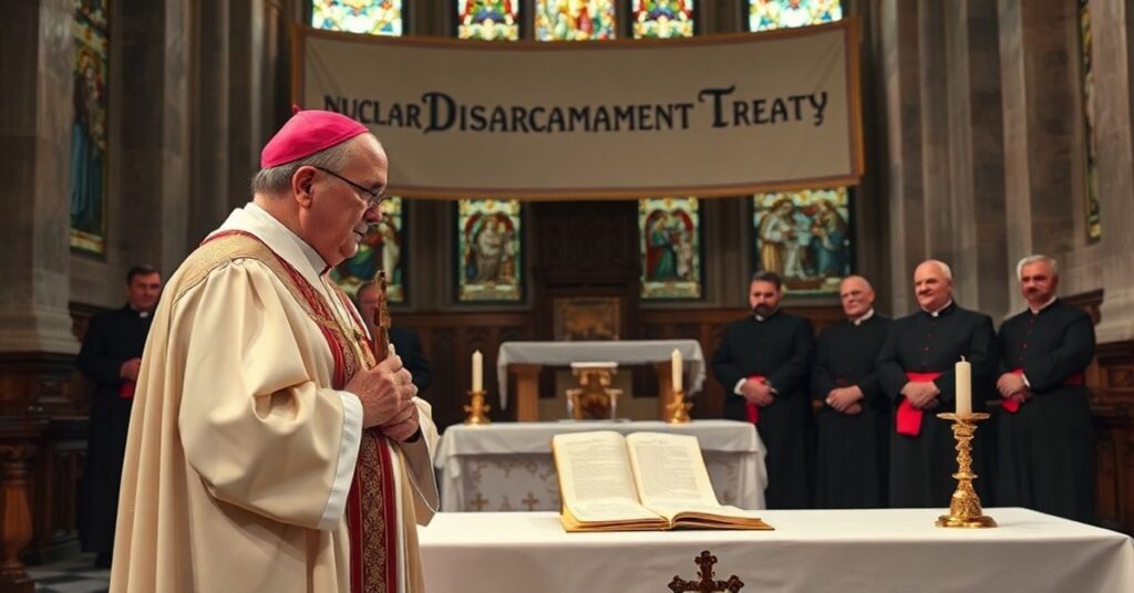 Sobór katolicki z biskupem w starożytnych parametrach przed ołtarzem z krzyżem