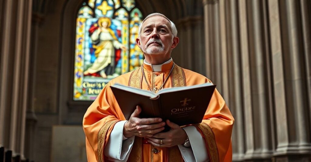 Portret tradycyjnego biskupa katolickiego w pełnym stroju liturgicznym, trzymającego książkę z tytułem 'Quas Primas', w wielkim katedrze z witrażem przedstawiającym Chrystusa Króla. Tło ukazuje poważne wyraz twarzy biskupa i nurtuje głębokie rozterki duchowe.