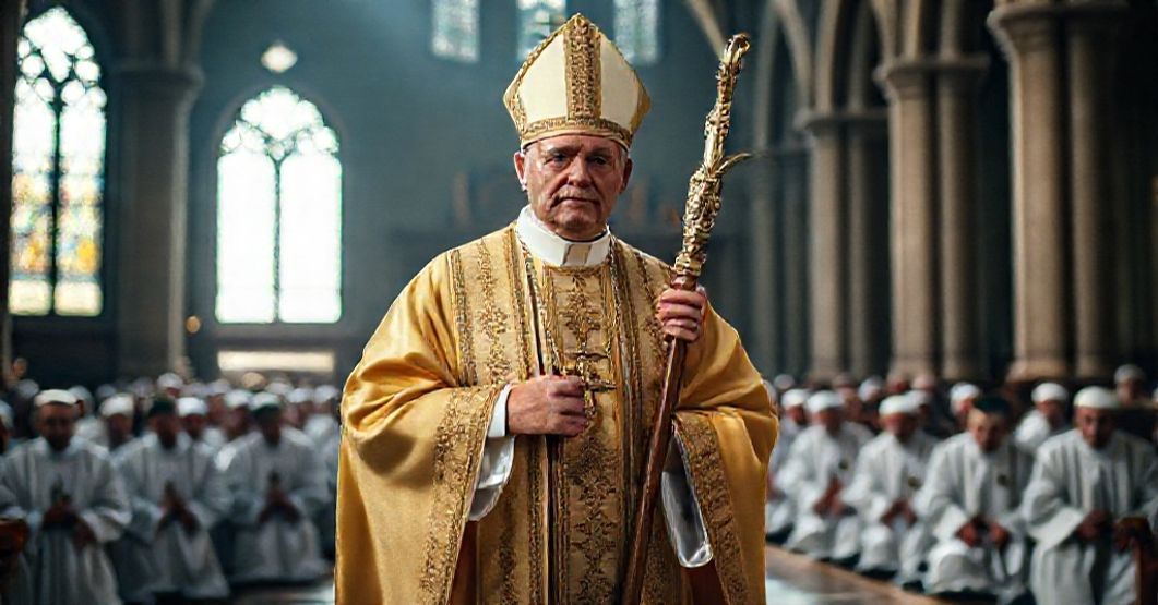 Tradycyjny biskup w pełnym stroju liturgicznym stoi w katolickim kościele z berłem pasterskim, otoczony modlącymi się zakonnikami.