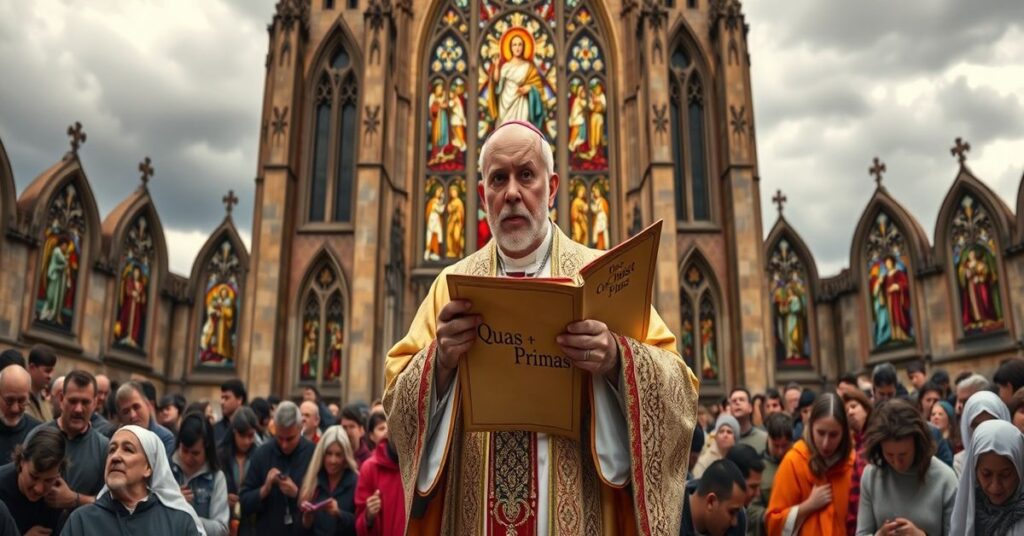 Biskup w pełnym ornacie w przeddzień katedry gotyckiej z napisem Quas Primas na pergaentre. Wokół niego modlący się lud. Scena symbolizuje zapomnienie o Królestwie Chrystusa.