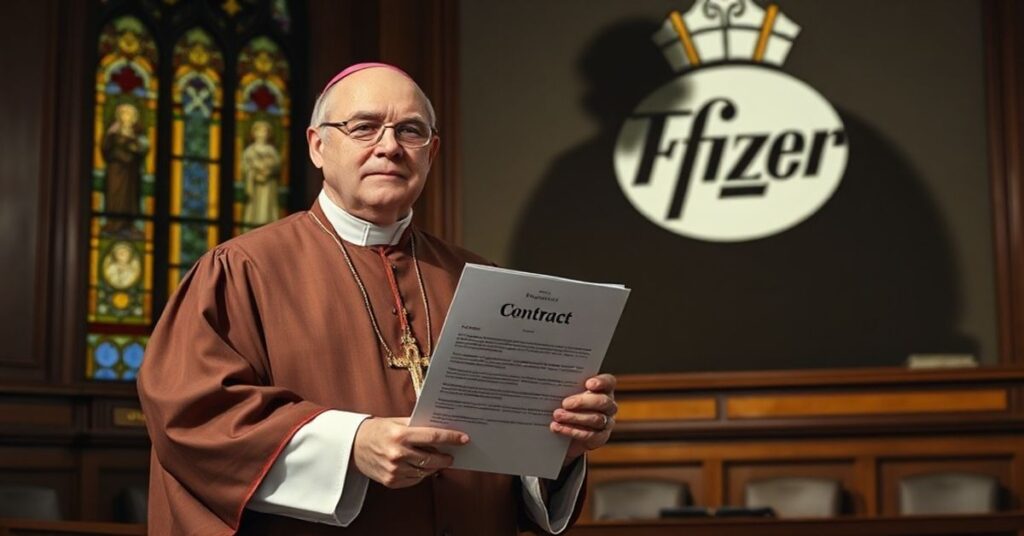 Biskup w tradycyjnych szatach kościelnych stoi przed sądem w Polsce, trzymając dokument o umowie z Pfizerem przy oknie witrażowym przedstawiającym Baranka Bożego.