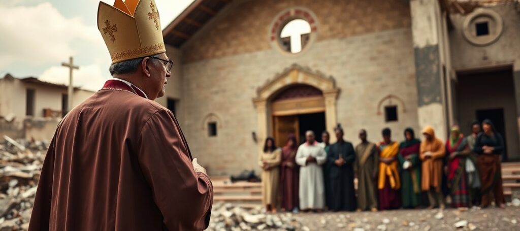 Katolicki biskup w tradycyjnych szatach liturgicznych modli się przed zniszczonym kościołem w Tigraju, Etiopia, z cierpiącymi wiernymi na tle. Scena odzwierciedla duchowy i moralny kryzys regionu.