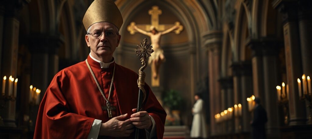 Biskup w tradycyjnych szatach liturgicznych w historycznym kościele z krzyżem i świecami na tle