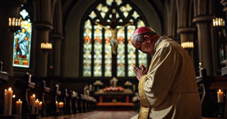 Biskup w tradycyjnych szatach modli się przed krzyżem w ciemnym kościele, wyrażając żal za grzechy duchownych