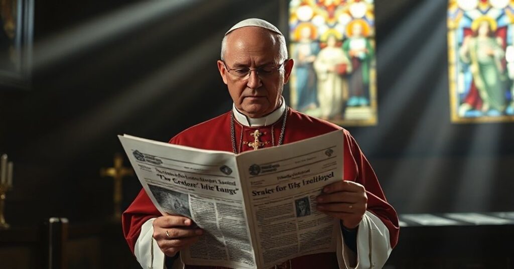 Katolicki biskup w tradycyjnych szatach liturgicznych trzyma gazetę z informacją o dekrecie gubernatora dotyczącym zmian płci na dokumentach urzędowych. Scena jest poważna i pokojowa.