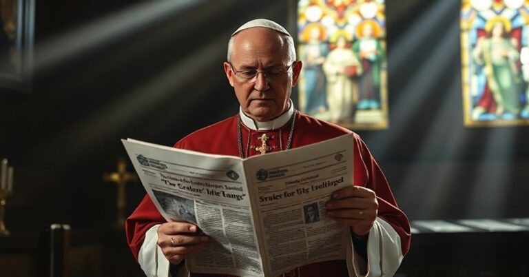Katolicki biskup w tradycyjnych szatach liturgicznych trzyma gazetę z informacją o dekrecie gubernatora dotyczącym zmian płci na dokumentach urzędowych. Scena jest poważna i pokojowa.