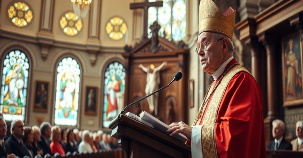 Tradycyjny katolicki biskup w pełnym stroju liturgicznym wygłaszający kazanie w kościele o tradycyjnym wystroju. Scena przedstawia wierność katolicką wobec herezji współczesnych.