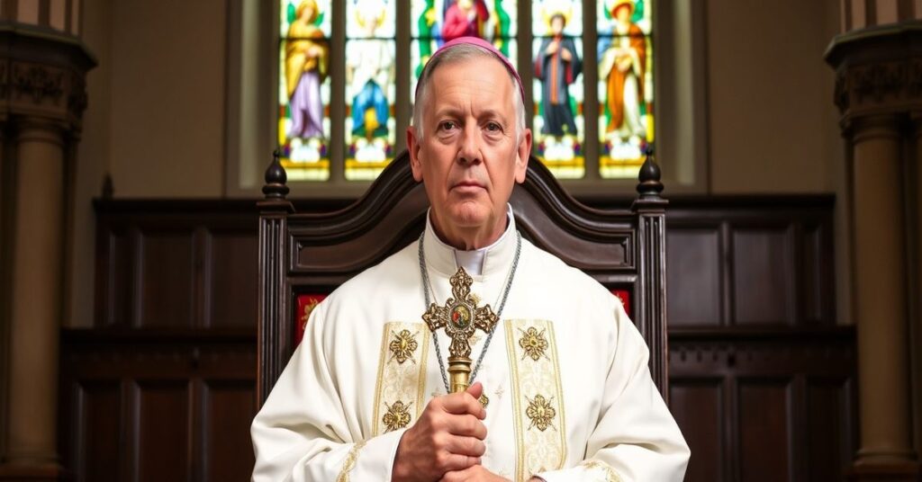 Tradacyjny biskup w pełnym strój liturgiczny stoi w skromnym wnętrzu kościelnym z witrażami na tle