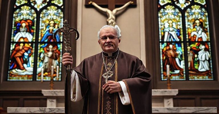 Tradycyjny biskup w ornacie stojący przed ołtarzem z krzyżem i witrażami ukazującymi sceny biblijne.