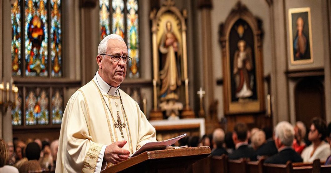 Biskup w tradycyjnych szatach liturgicznych głoszący kazanie w kościele z wizerunkami Najświętszego Serca Jezusa i Matki Boskiej Częstochowskiej na tle.