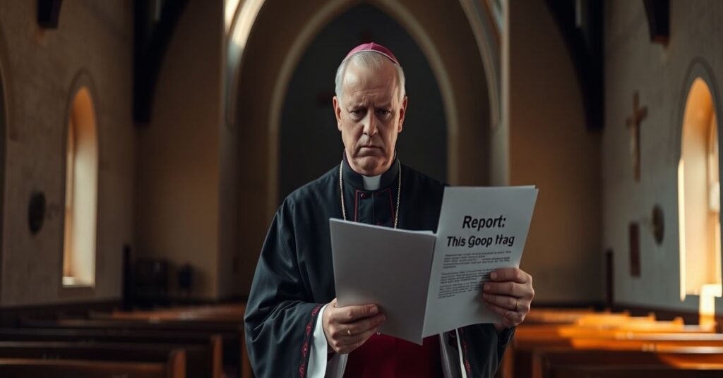 Biskup w tradycyjnych szatach liturgicznych trzyma dokument z napisem "Raport" w ciemnym kościele z widocznym krzyżem na tle.