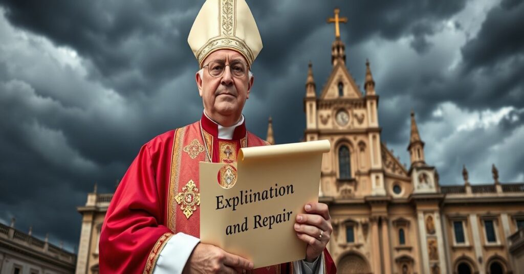 Biskup w pełnym ornaty liturgicznej stoi przed wielkim katedrą trzymając zwoj z napisem 'Wyjaśnienie i Naprawa'. Scena jest poważna i poważna, z tłem burzowego nieba symbolizującego kryzys w Kościele. Wyraz twarzy biskupa jest poważny, ale zdecydowany.