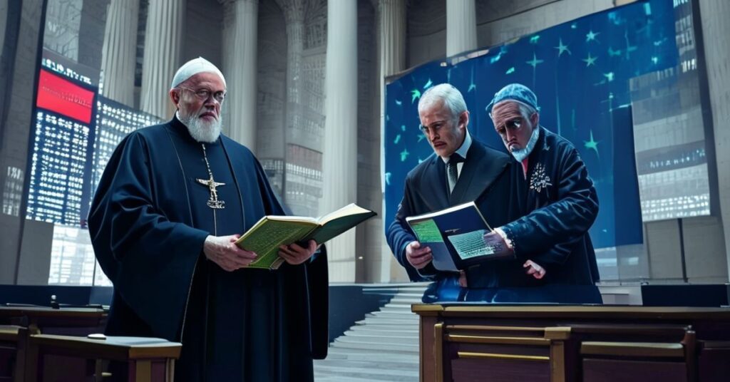 Biskup w tradycyjnych szatach liturgicznych stoi przed technokratą UE w sądzie, trzymając Biblię i ostrzegając przed pornografią generowaną przez sztuczną inteligencję