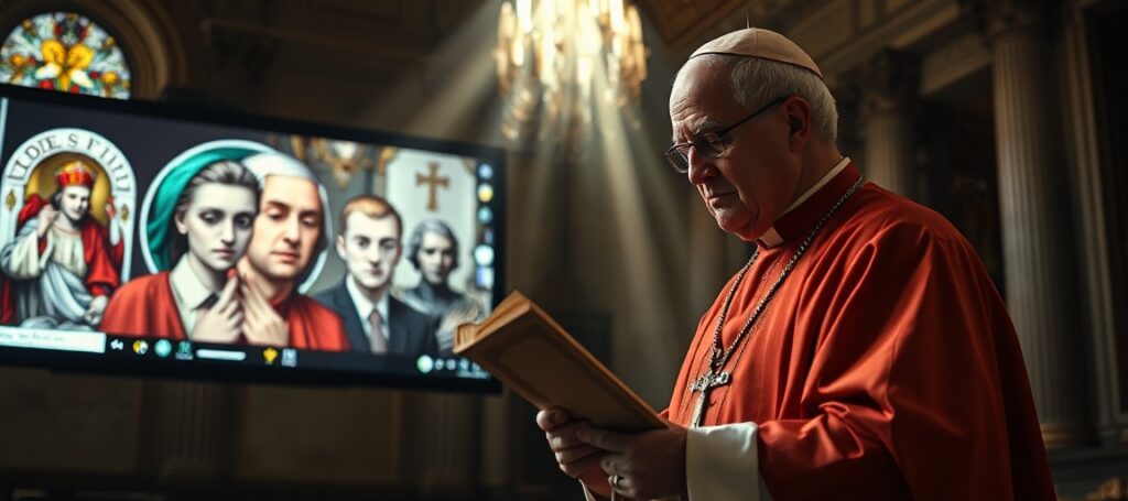 Biskup w tradycyjnych szatach liturgicznych stoi w ciemnym sala w Watykanie przeczytując encyklikę Rerum Novarum podczas patrzenia na ekran z informacjami o sztucznej inteligencji