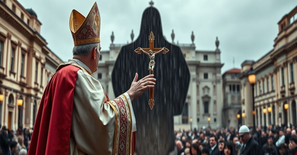 Biskup w tradycyjnych szatach kościelnych stojący przed katedrą z krzyżem w ręku, symbolizujący walka z herezją modernistyczną w Watykanie