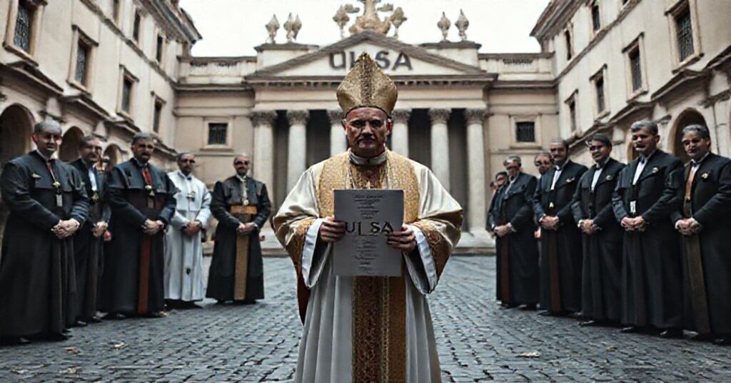 Tradycyjnie ubrani biskup stojący przed nowoczesnymi biurami Watykanu z dokumentem ULSA w ręku, symbolizujący secularne zmiany w Kościele.