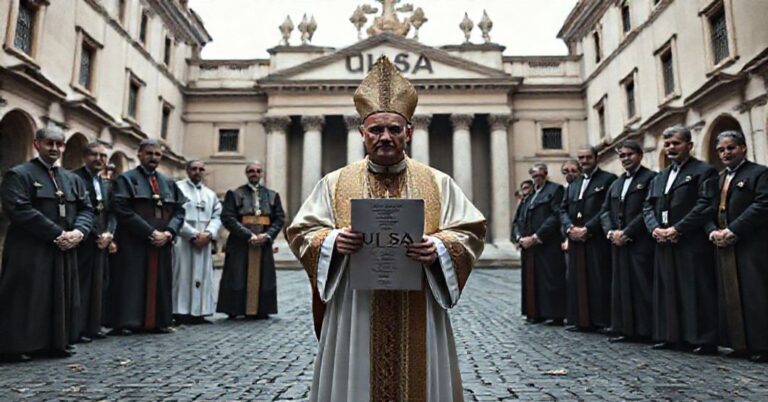 Tradycyjnie ubrani biskup stojący przed nowoczesnymi biurami Watykanu z dokumentem ULSA w ręku, symbolizujący secularne zmiany w Kościele.
