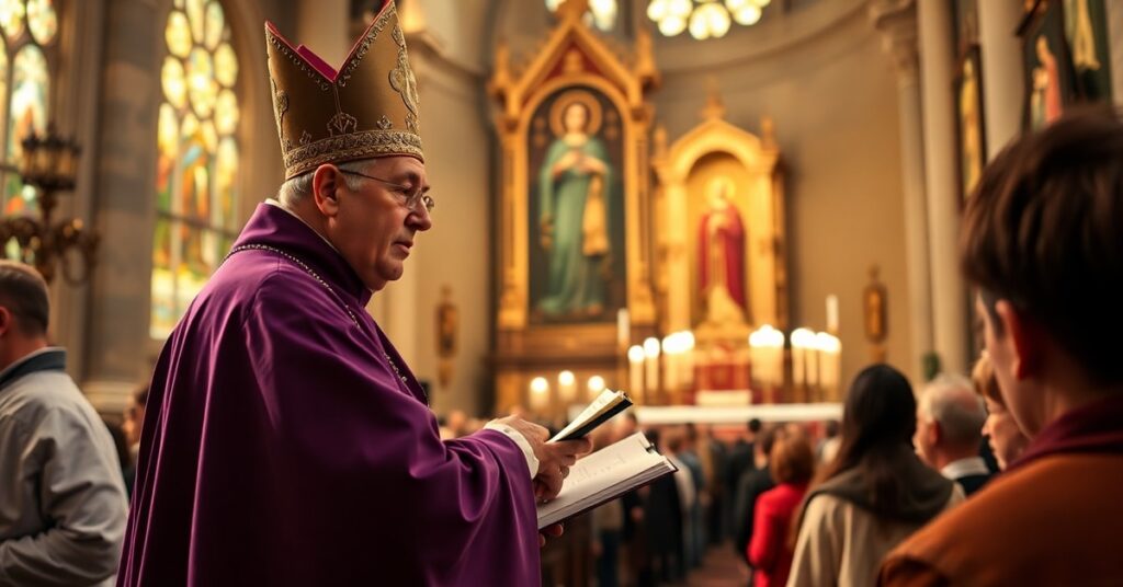 Biskup Artur Ważny wygłasza homilię na Jasnej Górze podczas uroczystości dziękczynnej – widok z ambony wobec wiernych i Cudownego Obrazu Matki Bożej.