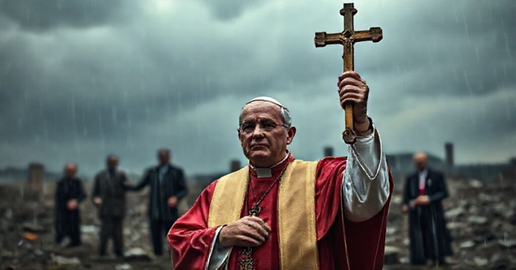 Biskup w tradycyjnych szatach liturgicznych przed zniszczonym krajobrazem wojny, trzymający krzyż podczas ulewy, symbolizujący katolicką naukę o pokoju