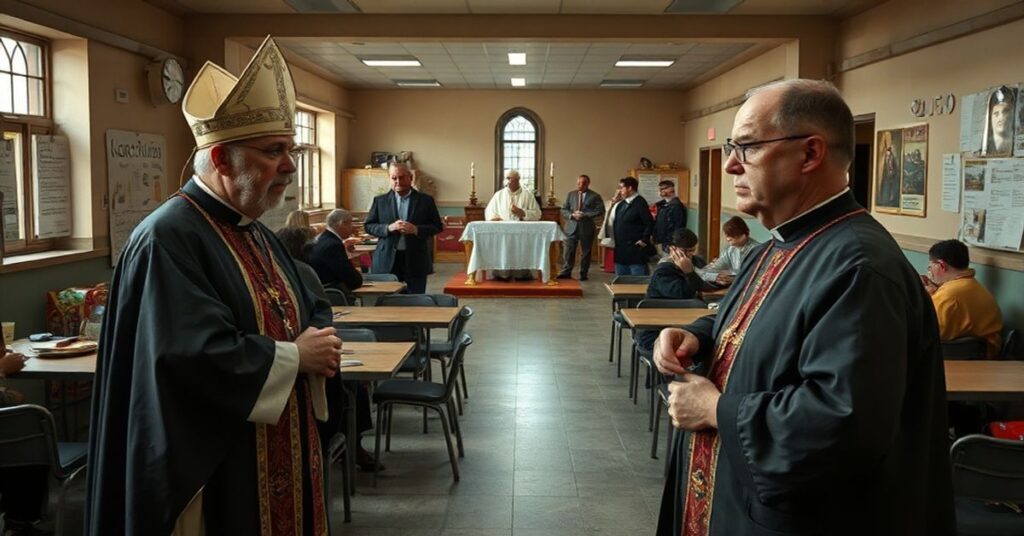 Obraz przedstawiający "biskupa" Krzysztofa Włodarczyka podczas wizyty w bydgoskim "Betlejem", centrum prowadzonym przez posoborową Caritas.