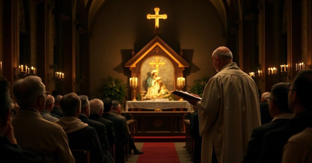 Sobótka w tradycyjnym kościele katolickim podczas fałszywej homilii biskupa Włodarczyka o redukcjach Bożego Narodzenia do terapii samoakceptacji.