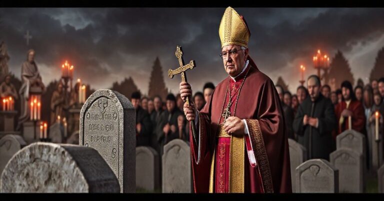 Krakowskie cmentarzowo sceny z tradycyjnym biskupem w pełnej liturgicznej szacie stojącym przed nagrobkiem, otoczonym poważnymi żałobnikami. Biskup trzyma krzyż, jego twarz jest poważna podczas przemówienia do tłumu. Na tle widoczna jest tradycyjna katolicka ikonografia, w tym statuy świętych, świece i burzowy niebieski symbolizujący duchowy kryzys.