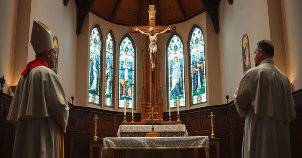 Biskup Krzysztof Włodarczyk i ksiądz Tomasz Cyl w kościele z krzyżem Chrystusa Króla na tle witraży