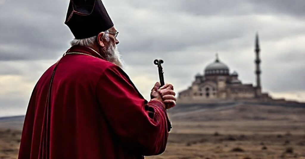 Stary katolicki biskup w tradycyjnych szatach stoi na pustkowiu, patrząć smutnie na odległy meczet, trzymając krzyż w ręce. Symbole kryzysu teologicznego i zaprzepaszczenia wiary.