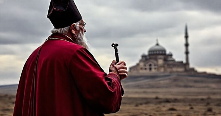 Stary katolicki biskup w tradycyjnych szatach stoi na pustkowiu, patrząć smutnie na odległy meczet, trzymając krzyż w ręce. Symbole kryzysu teologicznego i zaprzepaszczenia wiary.
