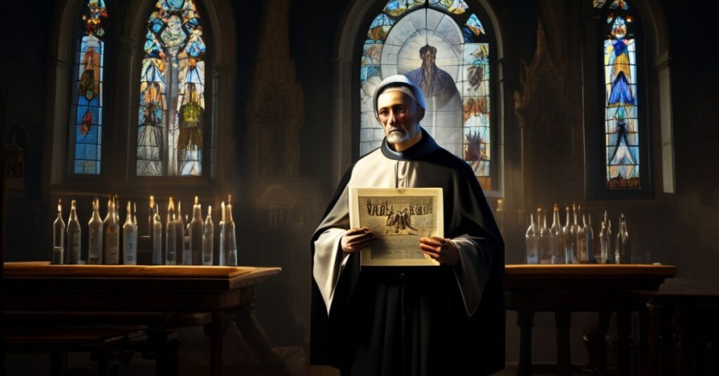 Pozostawiony sam biskup w ciemnej kościele przy ołtarzu trzyma dokument 'Bethlehem Declaration', na tle laboratoryjnego pomieszczenia z fiolkami szczepionek COVID.