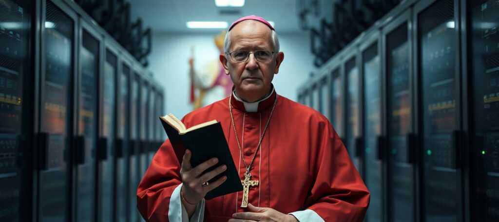 Biskup w tradycyjnych szatach liturgicznych stoi przed centrum danych pełnym serwerów i technologii cyfrowej. Na tle widoczny jest pusty tron papieski.