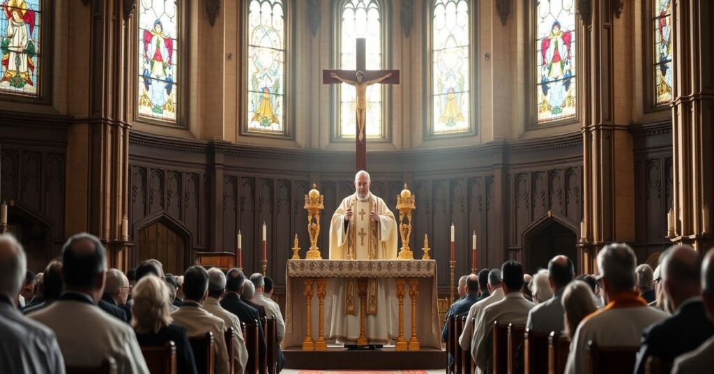 Biskup w pełnym stroju liturgicznym przy ołtarzu z Monstrancją w kościele tradycyjnym z wiernymi modlącymi się na kolanach