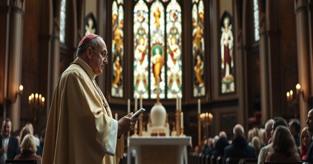 Wnętrze kościoła z biskupem Wołkowiczem podczas homilii na tle ołtarza i wiernych.