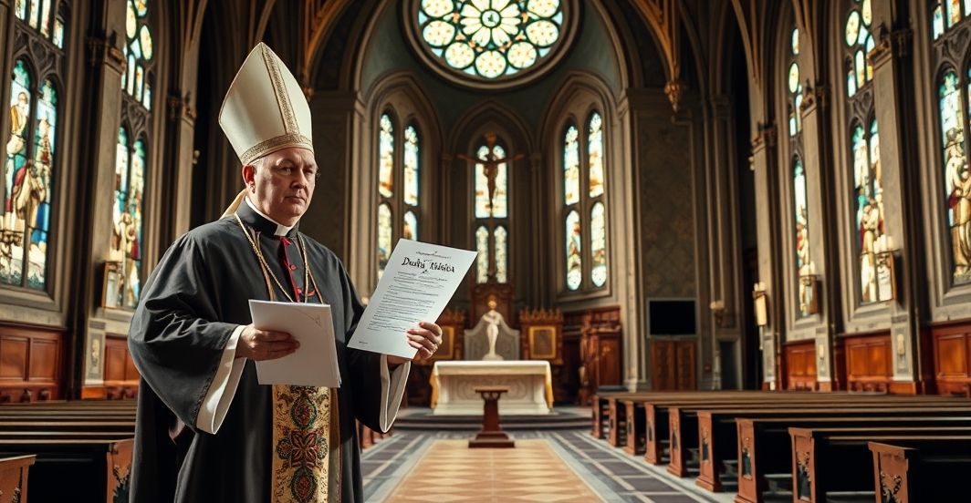 Ksiądz w tradycyjnym stroju biskupim trzyma dokument Deklaracja Sziluvska, wskazując na złamany krzyż w opuszczonej kościele, symbolizując zdradę wiary przez nowoczesny modernizm.