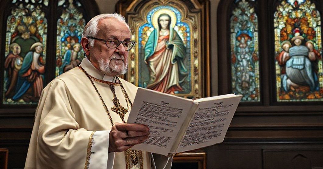Stary biskup w liturgicznych szatach trzyma dokument 'Mater Populi fidelis', stojąc przed ikoną Matki Bożej Pomocnicy Chrześcijan w cichej kaplicy z witrażami przedstawiającymi tradycyjne sceny maryjne.